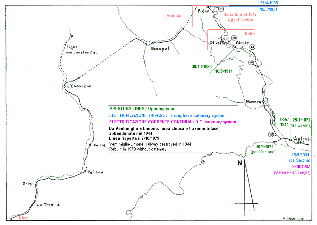 La linea del Tenda durante la ricostruzione - Mappa (sud).