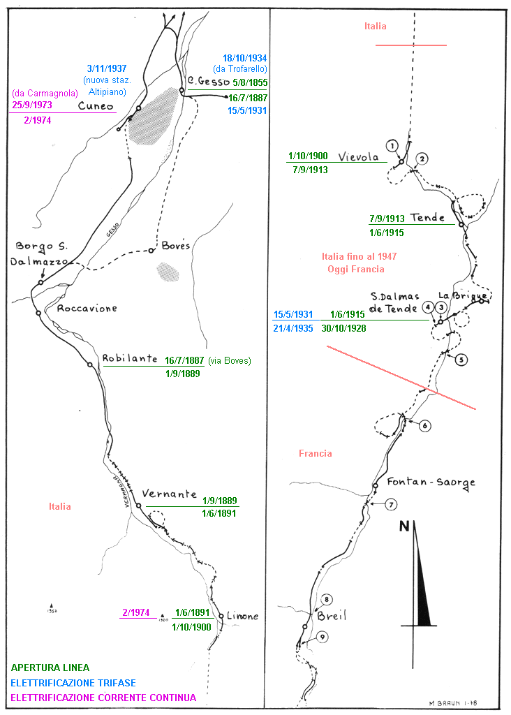 La linea del Tenda durante la ricostruzione - Mappa (nord).
