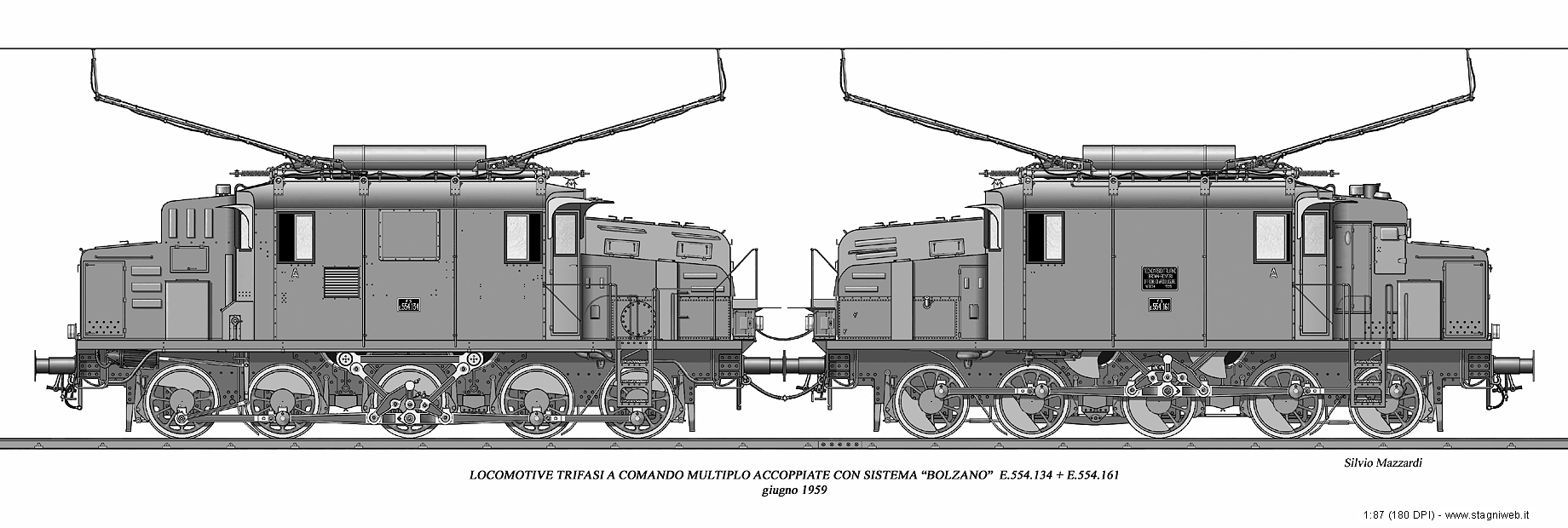 Locomotive elettriche trifasi - E.554.134+161 a comando multiplo.