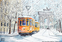 Lorenza Pasquali - Tram e neve all'Arco della Pace.