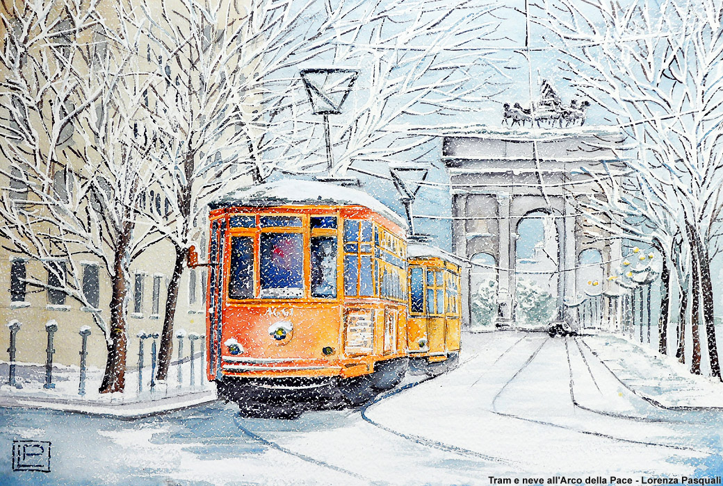 Lorenza Pasquali - Tram e neve all'Arco della Pace.