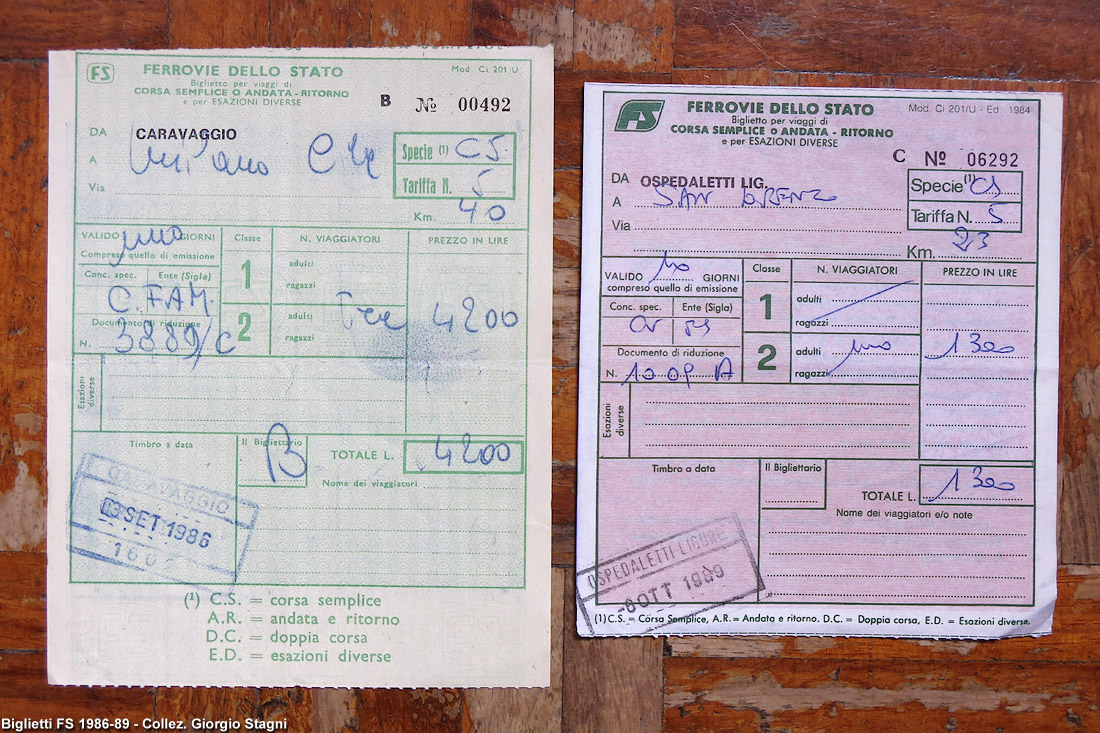Biglietti ferroviari - Biglietti a mano 1986-89.