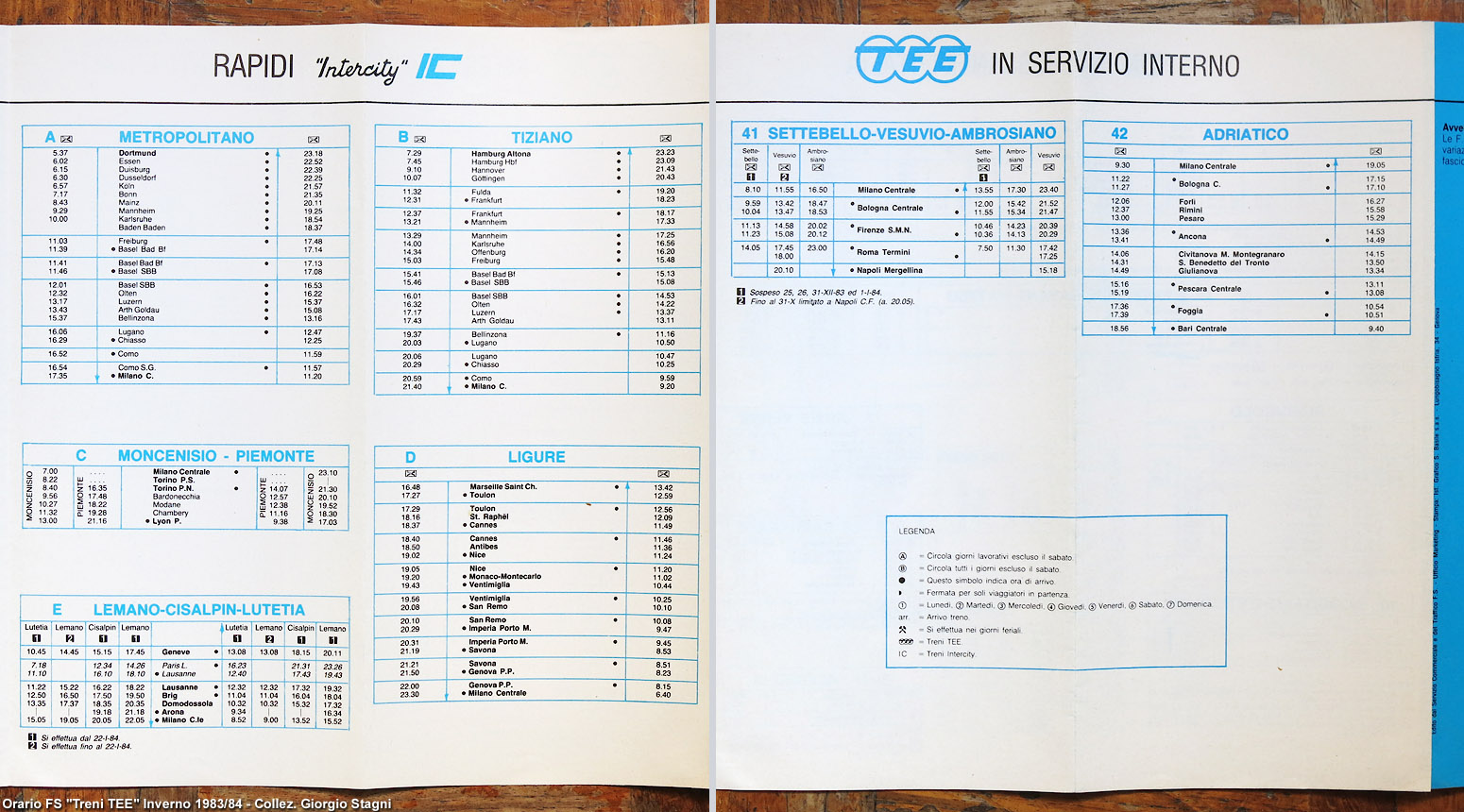 Altri orari - Treni TEE e Intercity 1983/84.