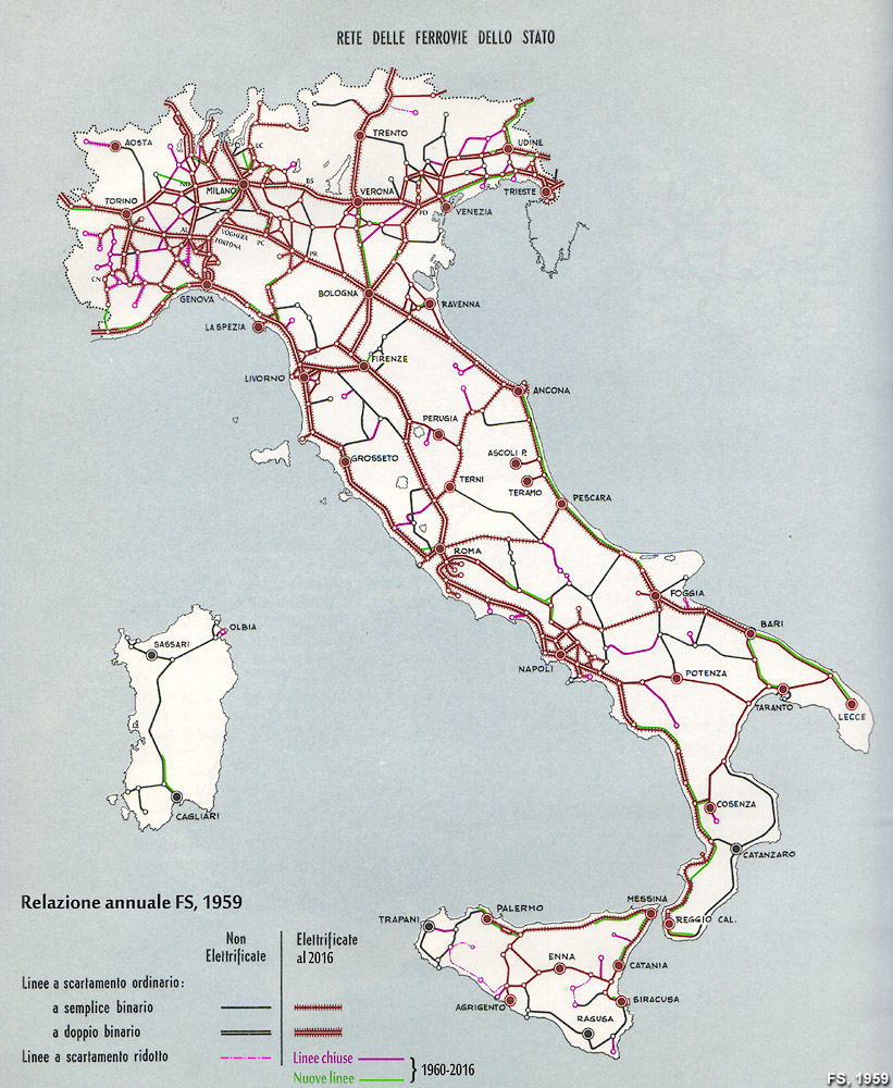 Rete FS dalla Relazione annuale del 1959 - Rete FS, aperture/chiusure 1959-2016.