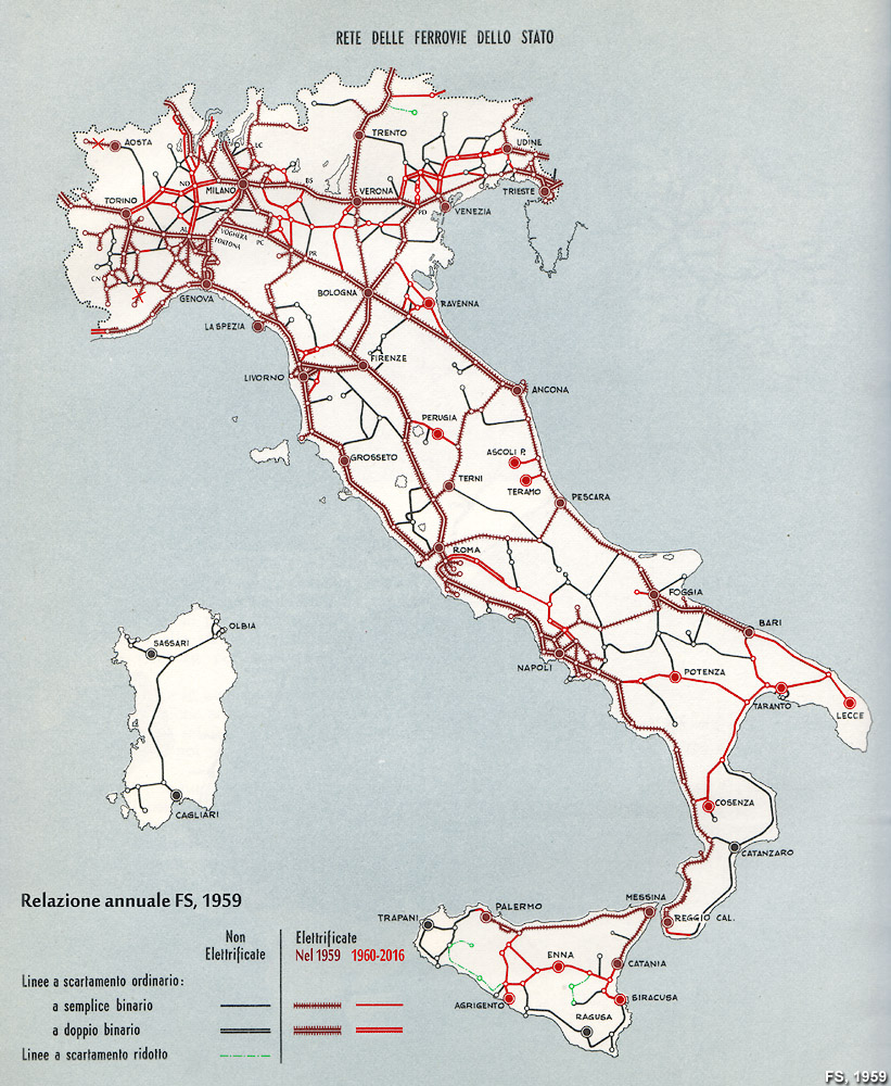 Rete FS dalla Relazione annuale del 1959 - Rete FS, elettrificazioni 1959-2016.