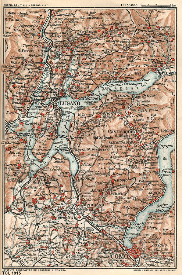 Le carte 1:250.000 nella Guida Rossa - Lago di Lugano - TCI, Guida d'Italia, 1915.