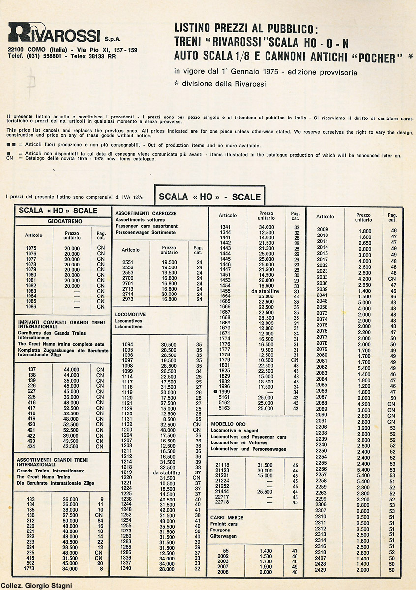Listini prezzi - Listino prezzi Rivarossi 1975