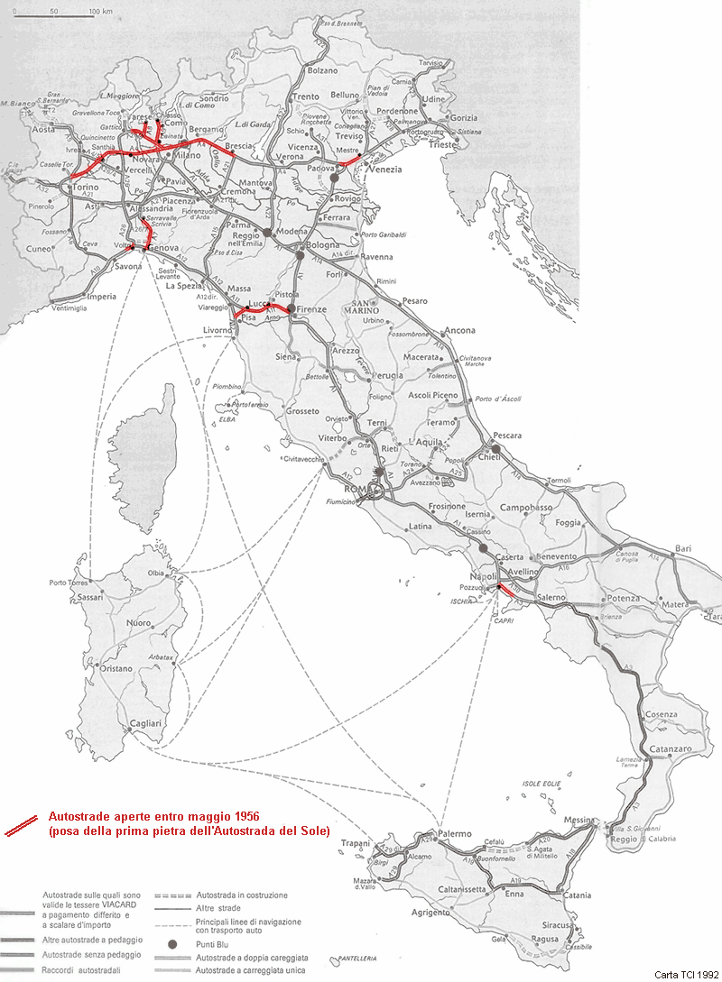 Sviluppo della rete autostradale italiana - 1956: posa della prima pietra dell'Autostrada del Sole