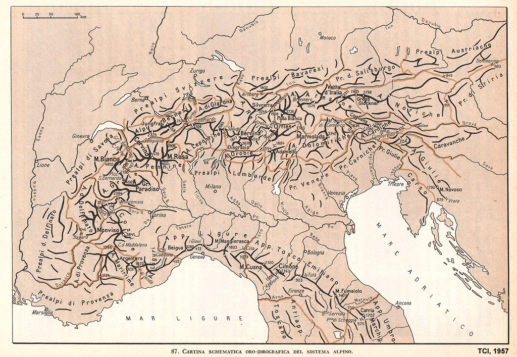Altre mappe - Cartina schematica oro-idrografica del sistema alpino - TCI, L'Italia fisica, 1957.