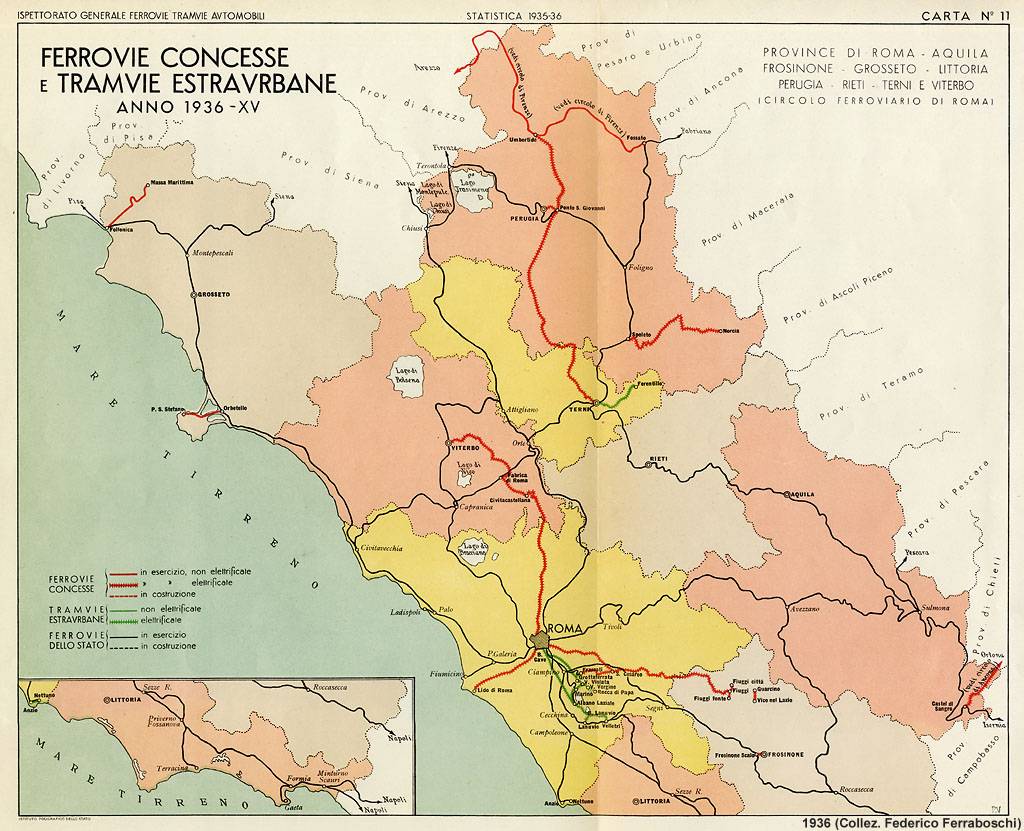 Ferrovie concesse e tramvie estraurbane, 1936 - Umbria, Lazio.