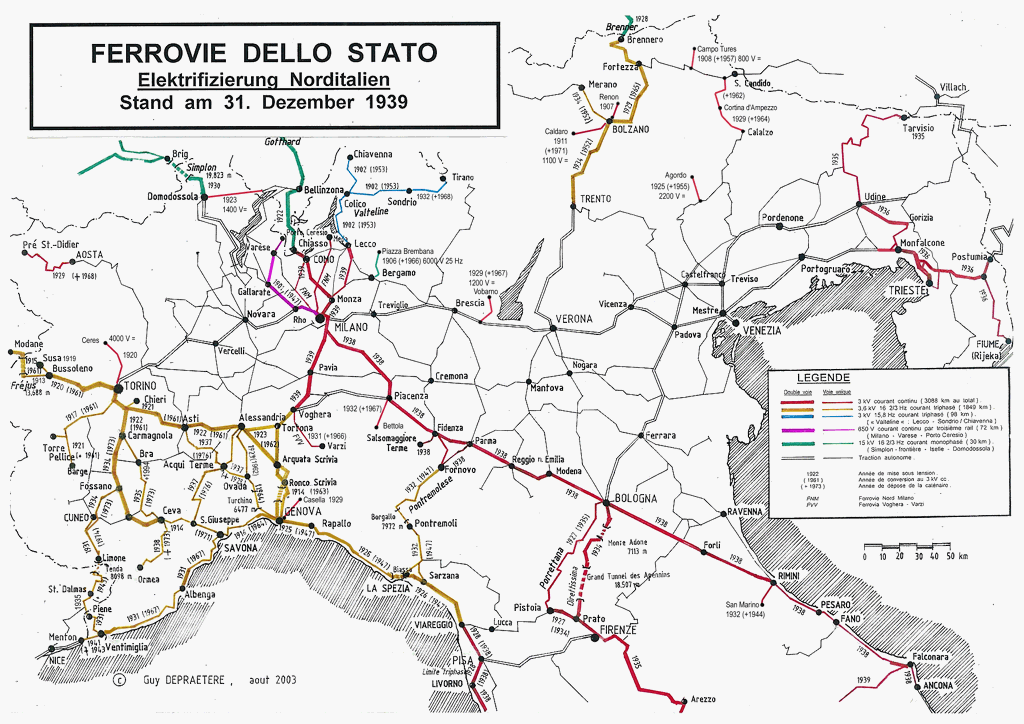 Carte ferroviarie - Elettrificazioni nel 1939.