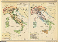 Atlante Storico Vallardi (1951) - L'Italia Bizantina e Longobarda intorno al 600 - L'Italia intorno al 1000.