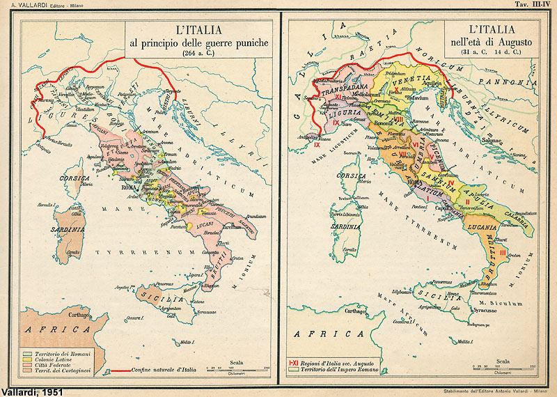 Atlante Storico Vallardi (1951) - L'Italia al principio delle guerre puniche (264 a.C.) - L'Italia nell'et di Augusto (31 a.C. - 14 d.C.)
