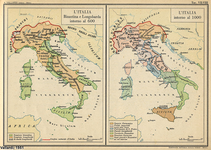 Atlante Storico Vallardi (1951) - L'Italia Bizantina e Longobarda intorno al 600 - L'Italia intorno al 1000.