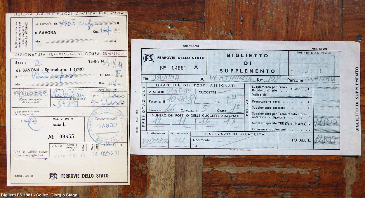 Biglietti ferroviari - Biglietto e prenotazione a mano 1981.