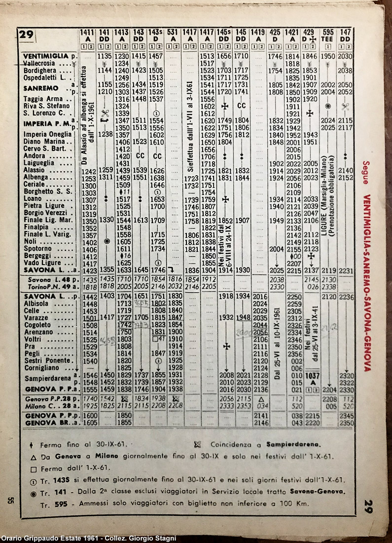 L'orario ferroviario Grippaudo - 1961, Ventimiglia-Genova.