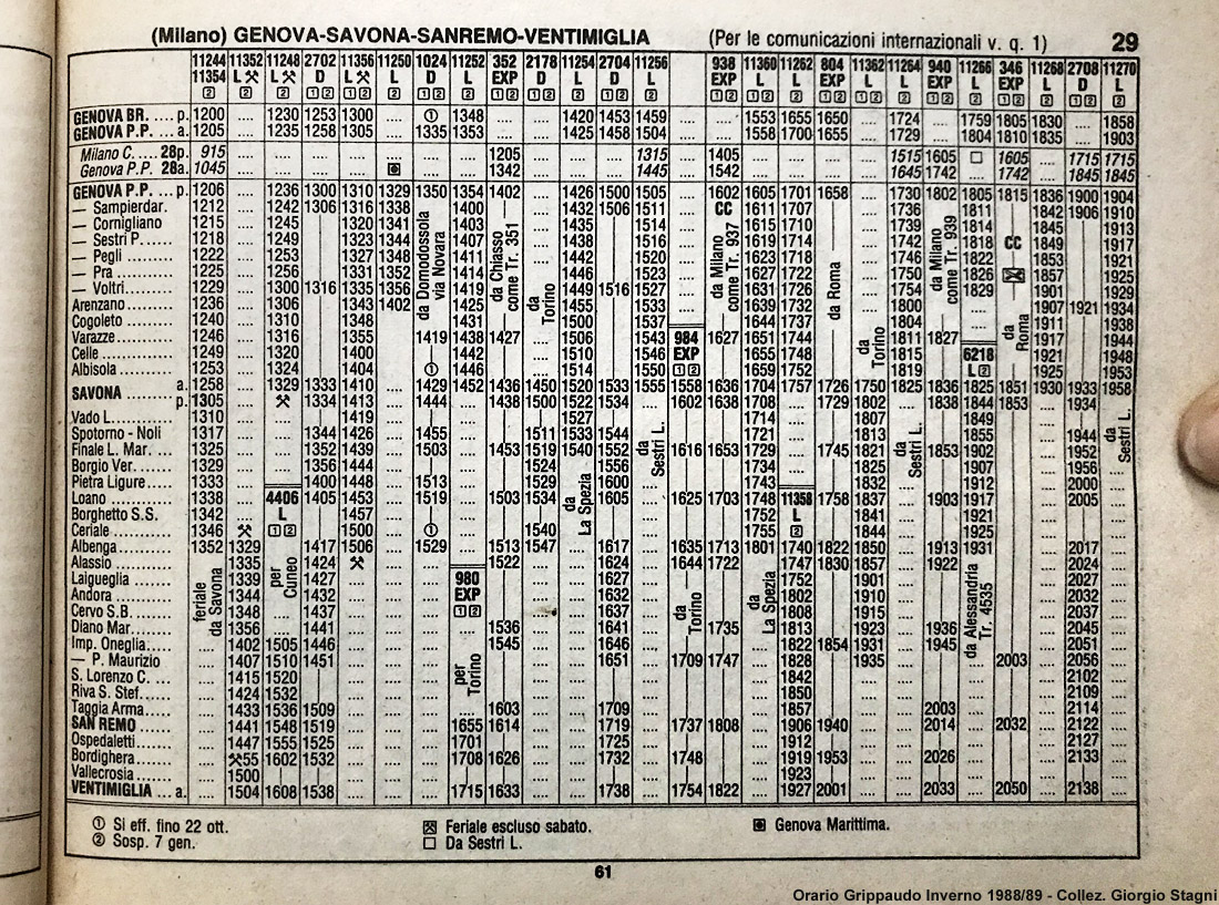 L'orario ferroviario Grippaudo - 1988-89, Genova-Ventimiglia.