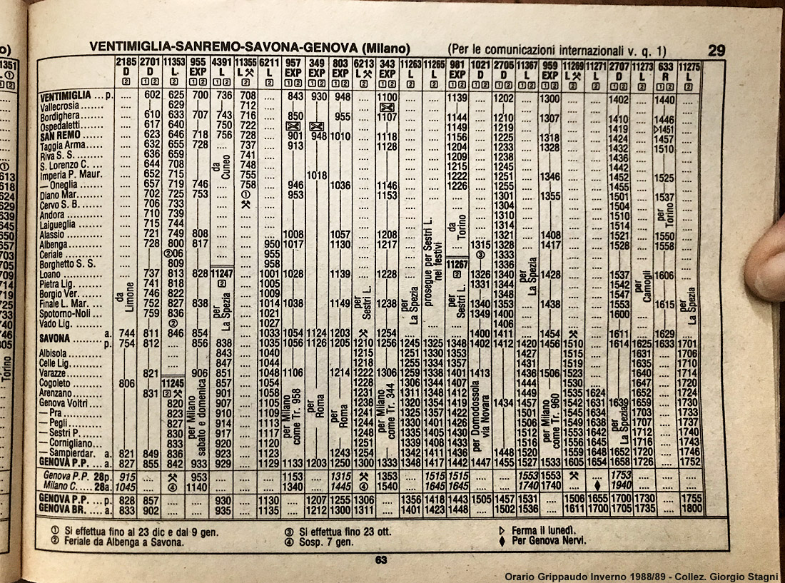 L'orario ferroviario Grippaudo - 1988-89, Ventimiglia-Genova.