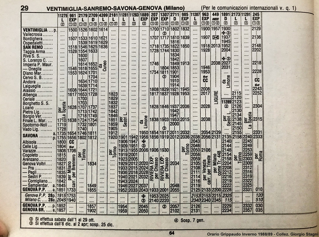 L'orario ferroviario Grippaudo - 1988-89, Ventimiglia-Genova.