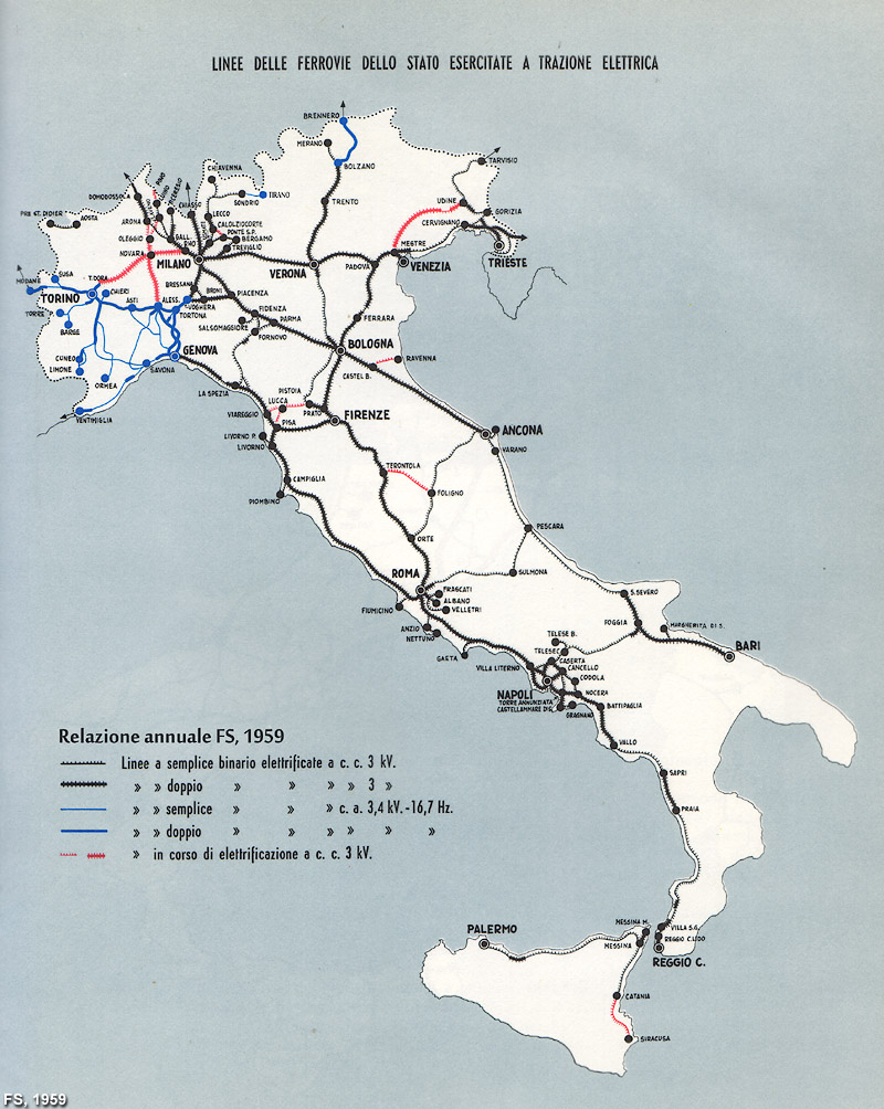 Rete FS dalla Relazione annuale del 1959 - Rete FS, 1959, elettrificazioni.