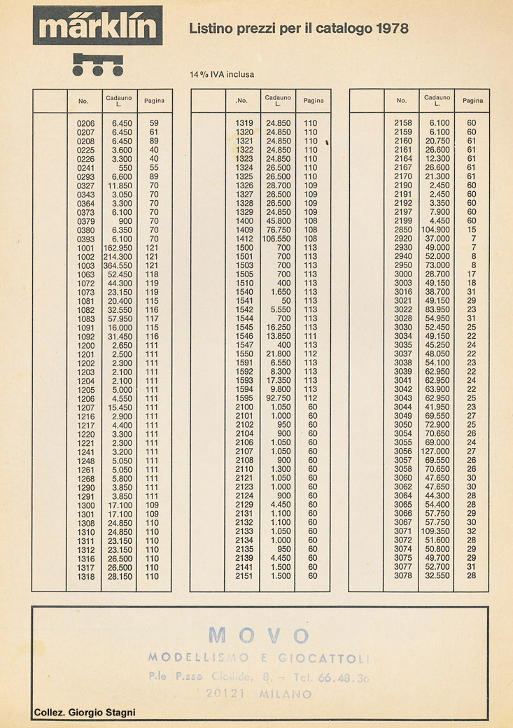 Listini prezzi - Listino prezzi Marklin 1978