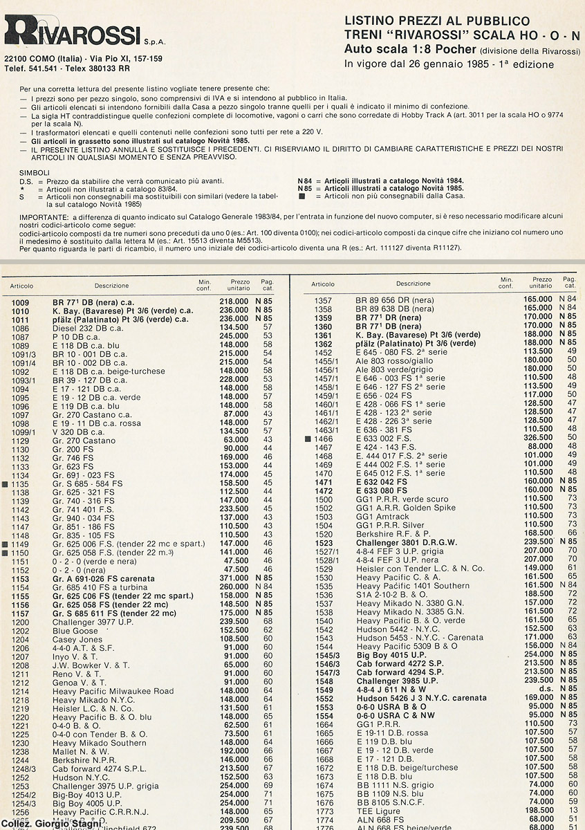 Listini prezzi - Listino prezzi Rivarossi 1985