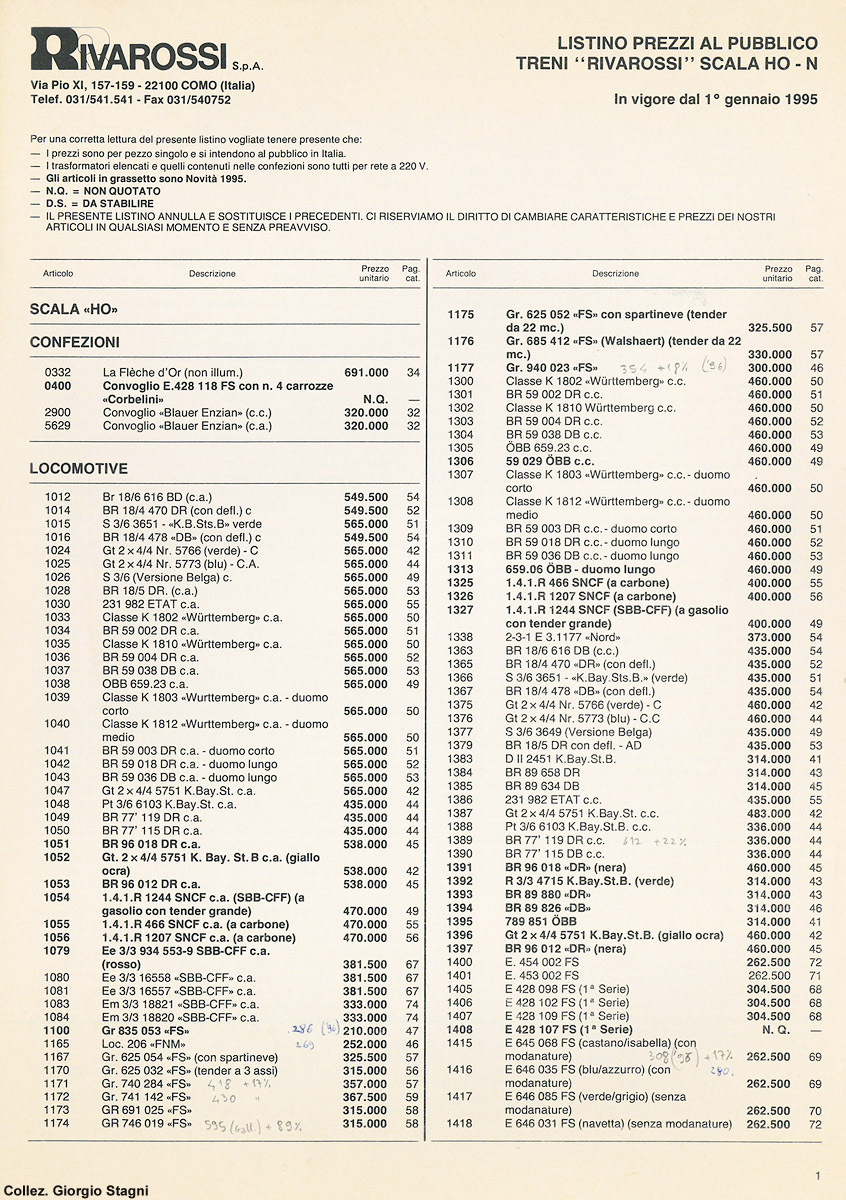 Listini prezzi - Listino prezzi Rivarossi 1995
