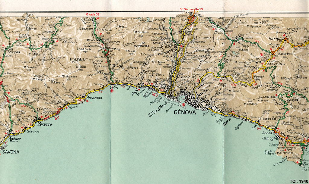 Le carte 1:200.000 - Genova - CTI, Carta automobilistica 1:200.000, 1940 circa.