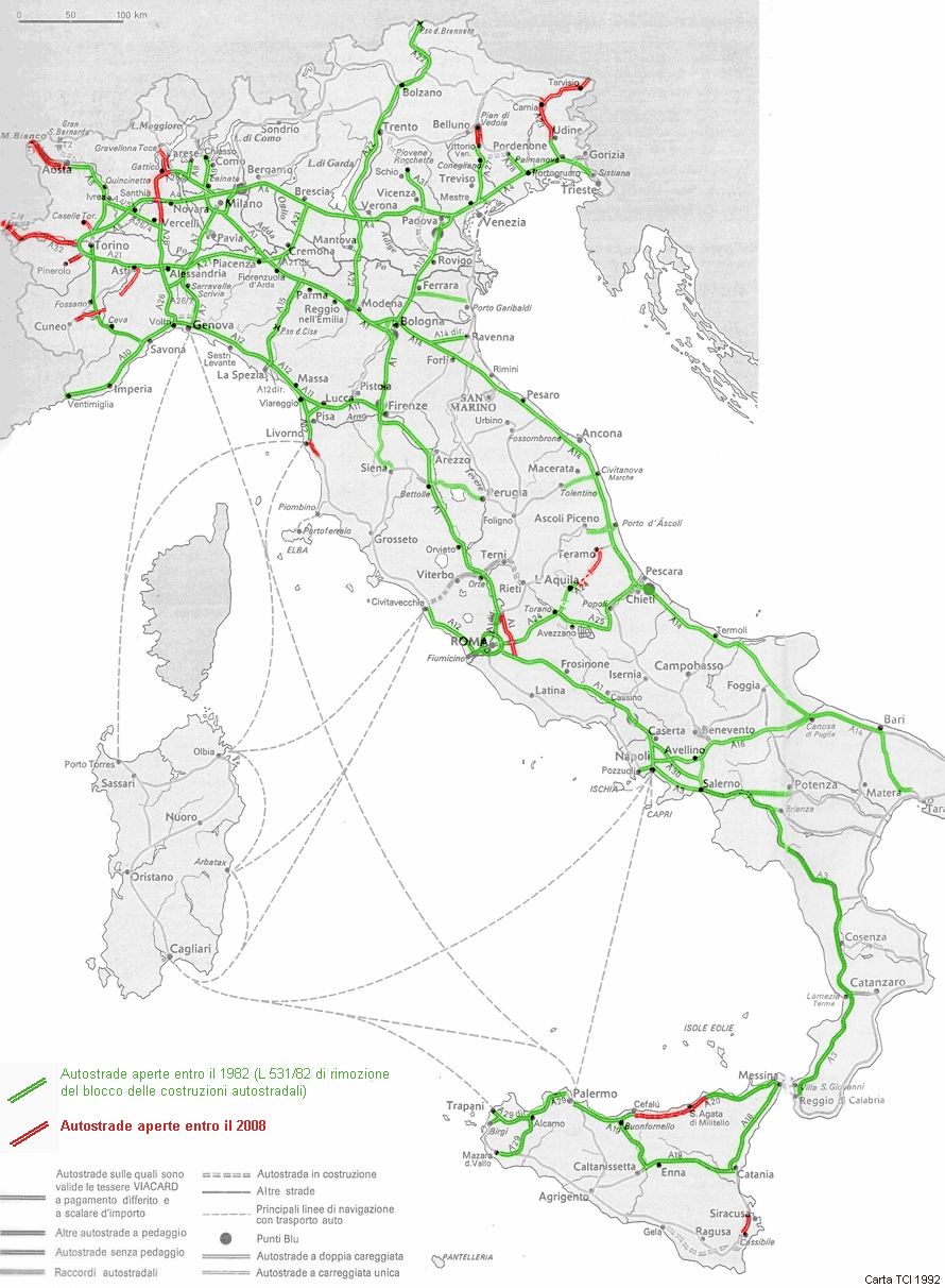 Sviluppo della rete autostradale italiana - 2008: stato attuale