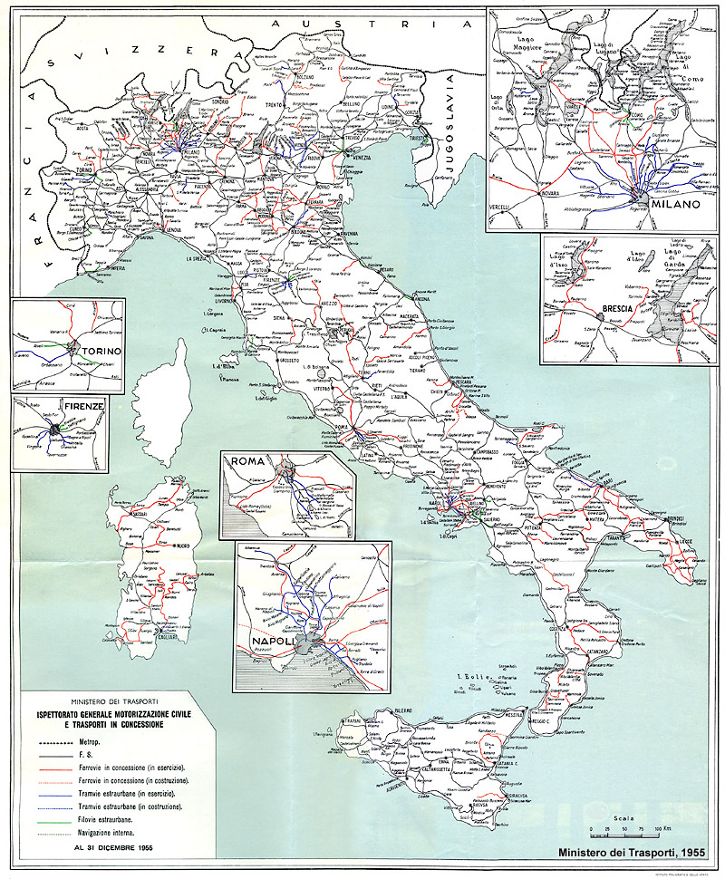 Carte ferroviarie - Ferrovie, tranvie e filovie extraurbane, 1955.