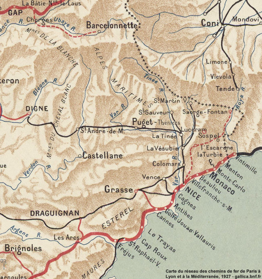 Le reti nizzarde - Carte du rseau des chemins de fer de Paris  Lyon et  la Mditerrane (1927)