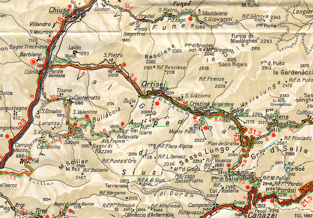 Altre mappe - Val Gardena/Grdner Tal - TCI, Carta automobilistica 1:200.000, 1957.