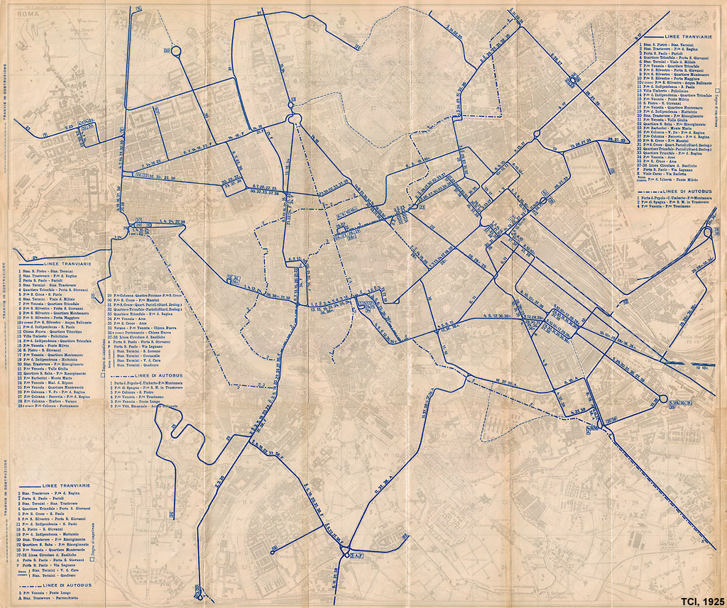 Roma 1925 - Percorsi tranviari.