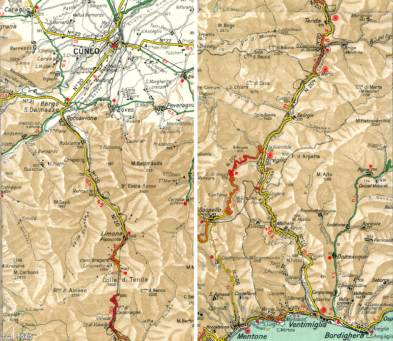 Le carte 1:200.000 - Val Roya - CTI, Carta automobilistica 1:200.000, 1940 circa.
