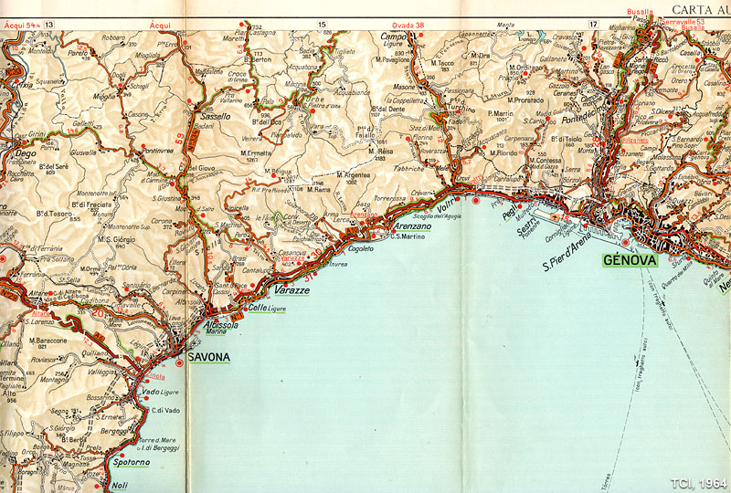 Le carte 1:200.000 - Genova - TCI, Carta automobilistica 1:200.000, 1964.